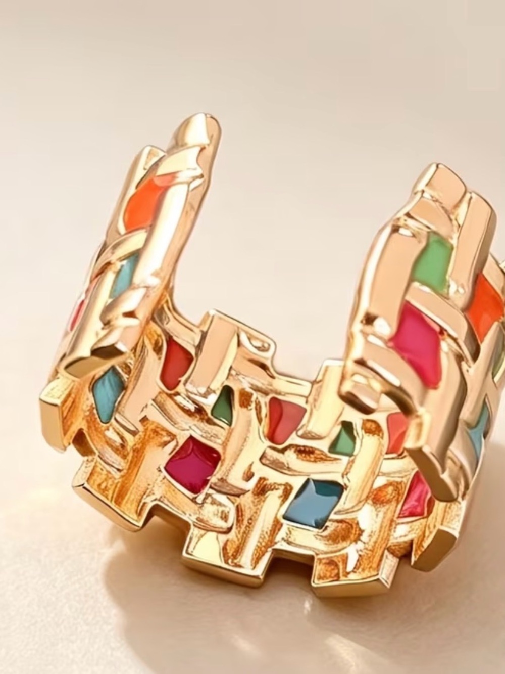 Gold-Tone Multicolor Enamel Wide Link Ring - Picture 3 of 4